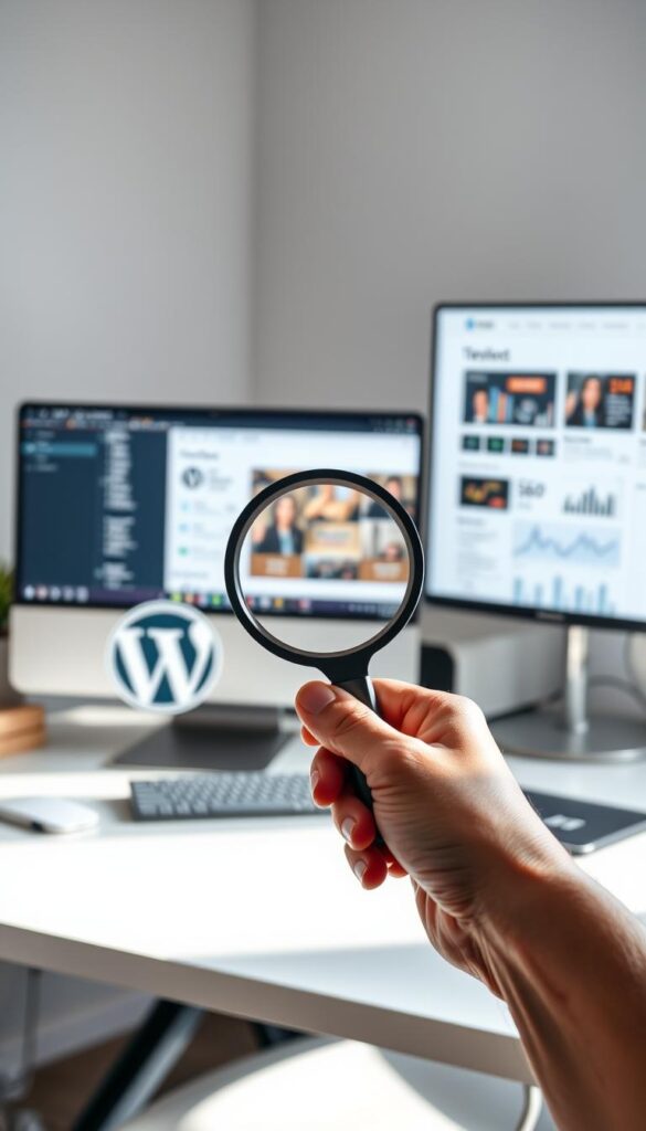 A bright, well-lit workspace with a modern desktop computer, a neatly organized desk, and a WordPress logo prominently displayed. In the foreground, a hand holding a magnifying glass, symbolizing the process of keyword research and optimization. In the background, a large monitor displaying a WordPress website, with various SEO metrics and analytics visible. The lighting is soft and natural, creating a serene and productive atmosphere. The overall scene conveys the idea of optimizing WordPress content with effective keyword strategies. Parsons IS