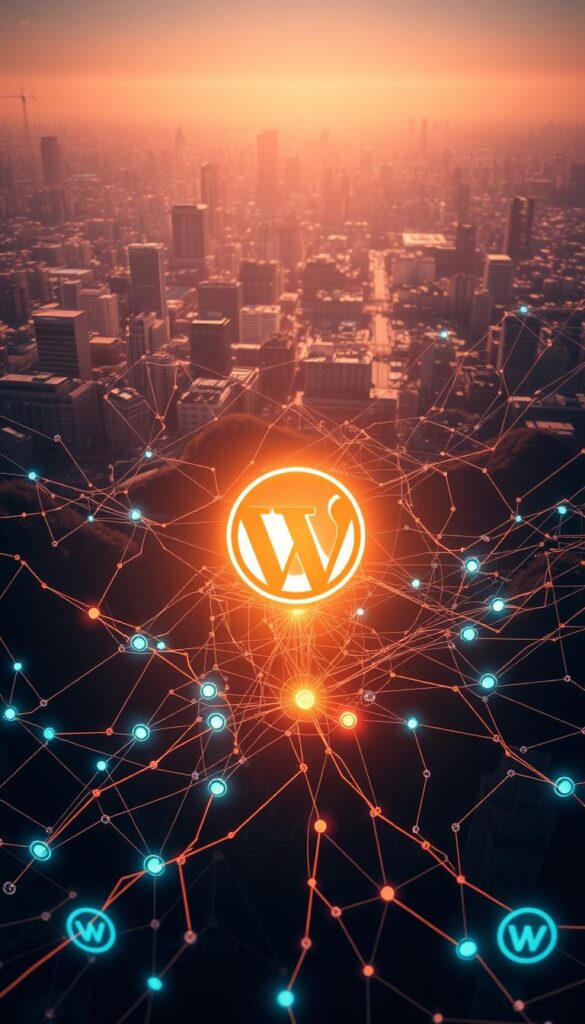 A bustling scene of interconnected WordPress websites, their backlinks forming a intricate web of digital pathways. In the foreground, a stylized Parsons IS logo glows with ethereal energy, casting a warm light across the landscape. The middle ground features a meticulously detailed network of backlinks, their lines and nodes pulsing with data flow. In the background, a cityscape of WordPress sites stretches into the distance, their structures and icons blending seamlessly. The lighting is dramatic, with sharp shadows and highlights accentuating the depth and complexity of the scene. The overall mood is one of technological sophistication and the powerful role of backlinks in the WordPress ecosystem.