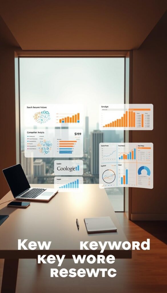 A clean, minimalist workspace with a sleek, modern desk displaying a laptop, smartphone, and notepad. The desk is positioned in front of a large window overlooking a bustling cityscape, bathing the scene in warm, natural lighting. Overlaid on the desktop are various keyword analysis tools and data visualizations, including word clouds, search volume graphs, and competitor analysis charts. The overall mood is one of focused productivity and strategic planning, reflecting the importance of keyword research in boosting online visibility.