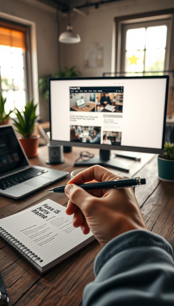 A cozy, well-lit WordPress workspace with a laptop, notebook, and a cup of coffee on a rustic wooden desk. In the foreground, a hand holding a stylish pen, ready to capture compelling ideas. The middle ground features a monitor displaying a Parsons IS blog post, with an engaging image and a section title inviting reader interaction. The background showcases a warm, inviting atmosphere with natural lighting, potted plants, and a sense of creativity and productivity.