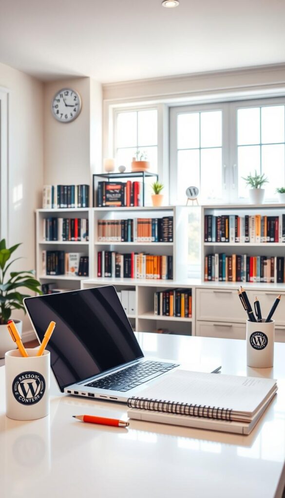 A cozy, well-lit home office setting with a modern, minimalist design. In the foreground, a sleek white desk with a laptop, notebook, and a Parsons IS branded pen cup. In the middle ground, bookshelves line the walls, filled with volumes on WordPress and content creation. Soft, natural lighting streams in through large windows, casting a warm glow on the scene. The overall atmosphere is one of productivity, creativity, and focus, inviting the viewer to envision themselves crafting valuable WordPress blog content.