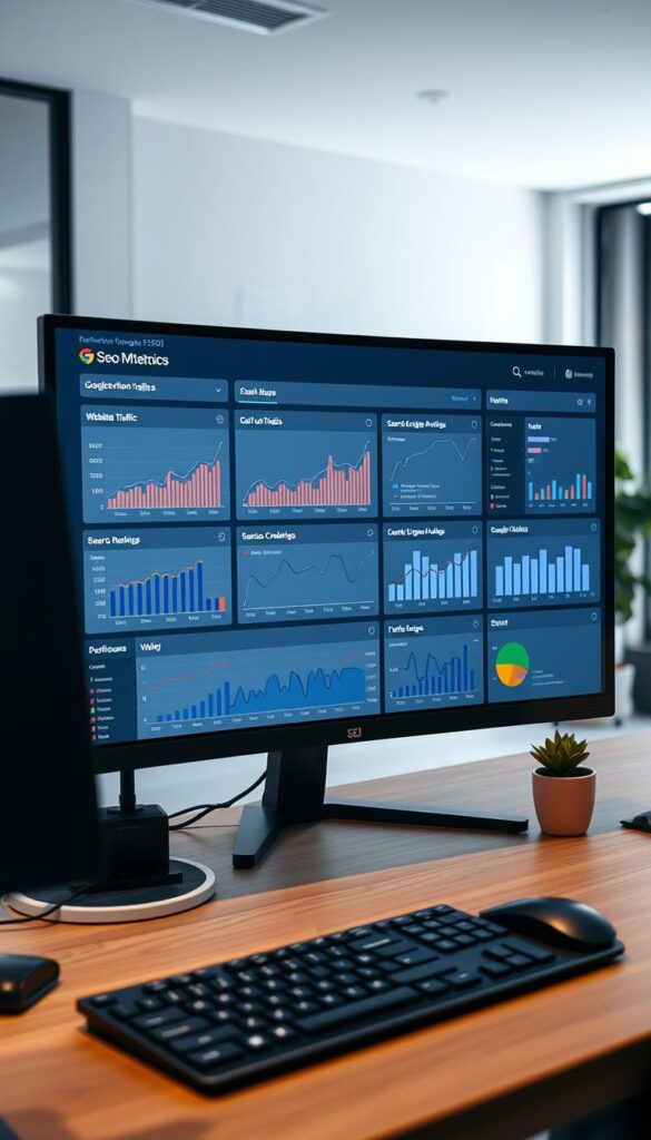 A detailed dashboard displaying key SEO metrics from Google Analytics. In the foreground, a large monitor shows charts and graphs tracking website traffic, search engine rankings, and other vital SEO performance indicators. The middle ground features a keyboard, mouse, and other office peripherals, while the background depicts a modern, minimalist workspace with potted plants and sleek furniture. The lighting is soft and indirect, creating a professional, analytical atmosphere. The overall scene conveys the idea of using data-driven insights from Google Analytics to measure and optimize a website's SEO success.