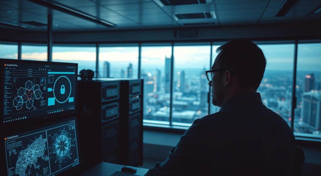 A dimly lit cybersecurity command center, with sleek monitors displaying real-time data and analytics. In the foreground, a security analyst closely examines a series of intricate network diagrams, their face illuminated by the soft glow of the screens. The middle ground features a rack of high-performance servers, their cooling fans whirring softly. In the background, a large, panoramic window offers a glimpse of a futuristic cityscape, its skyscrapers and infrastructure protected by a web of secure connections. The atmosphere is one of focus, precision, and the constant vigilance required to maintain the integrity of digital systems.