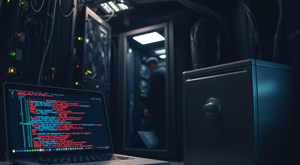 A dimly lit server room, filled with a mesh of cables, blinking lights, and the gentle hum of cooling fans. In the foreground, a laptop screen displays complex algorithms and lines of code, representing the intricate processes of data encryption. The middle ground features a sleek, modern safe, its metallic surface reflecting the ambient light, symbolizing the secure storage of sensitive information. The background depicts a shadowy figure, representing the ever-present threat of cyber attacks, contrasted by the protective measures embodied in the scene. The overall atmosphere is one of technological sophistication and the importance of robust data protection measures.