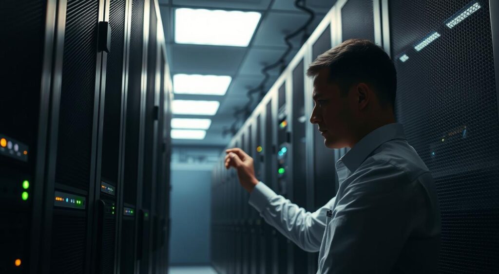 A dimly lit server room with towering cabinets, their metallic exteriors gleaming under soft, diffused lighting. The air is crisp and hushed, exuding a sense of security and order. In the foreground, a system administrator in a sharp, pressed uniform carefully inspects a rack-mounted server, fingers deftly navigating the array of blinking lights and ports. The background is filled with the gentle hum of cooling fans and the occasional beep of alert systems, creating an atmosphere of vigilance and control. The overall scene conveys the importance of vigilantly maintaining and updating critical data infrastructure to protect sensitive information.