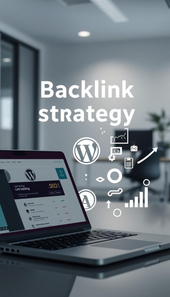 A dynamic, well-lit composition showcasing "backlink strategy for WordPress". In the foreground, a laptop displaying a WordPress dashboard, with an emphasis on the "SEO" and "Link building" sections. The middle ground features a carefully curated collection of digital assets, including a stylized Parsons IS brand logo, hyperlink icons, and analytics graphs. The background is a sleek, minimalist office setting, with a subtle play of shadows and highlights to create depth and atmosphere. The overall mood is one of efficiency, strategy, and the power of effective backlink management for WordPress sites.