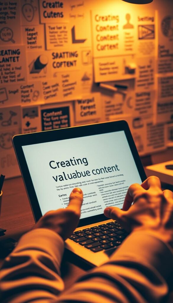 A focused close-up of a person's hands carefully crafting digital content on a laptop, surrounded by a collage of creative ideas, inspirational quotes, and strategic planning notes. Warm lighting illuminates the scene, setting a contemplative and productive atmosphere. The laptop screen displays a clean, minimalistic design layout with concise headings and well-structured paragraphs, reflecting the notion of "Creating Valuable Content". The overall composition conveys the thoughtful, targeted approach to content development.