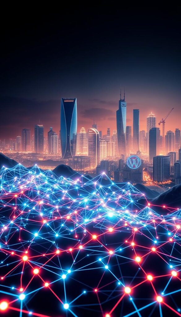 A futuristic digital landscape with a striking, multidimensional WordPress backlink network. In the foreground, a luminous maze of interconnected lines and nodes, pulsing with energy. The middle ground features an array of holographic data visualizations, displaying the flow and growth of backlinks. In the background, a city skyline of sleek, chrome towers, bathed in a warm, ambient glow. The overall scene conveys a sense of technological progress, innovation, and the evolving nature of online visibility. Parsons IS.