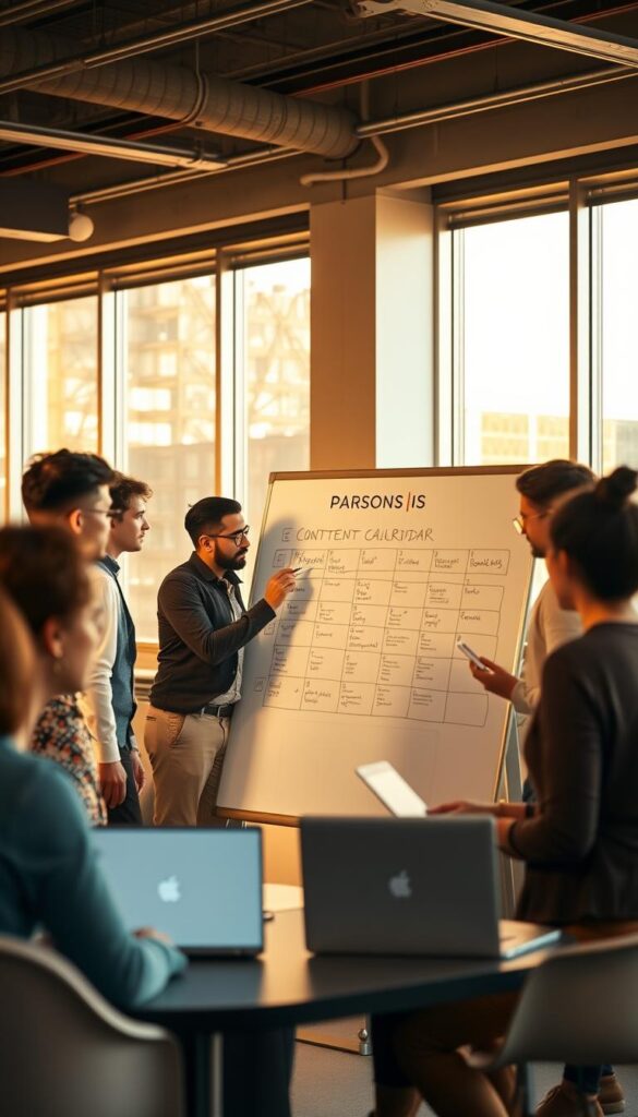 A group of diverse professionals collaborating on a content calendar, gathered around a large whiteboard in a modern, well-lit office space. Warm natural lighting filters through floor-to-ceiling windows, casting a golden glow on the scene. In the foreground, a team member stands, marker in hand, sketching ideas on the board as others sit nearby, laptops open, exchanging thoughts. The Parsons IS logo is prominently displayed, reflecting the brand's commitment to creative collaboration. A sense of teamwork and productivity permeates the atmosphere, with everyone engaged in the process of crafting a cohesive content strategy.