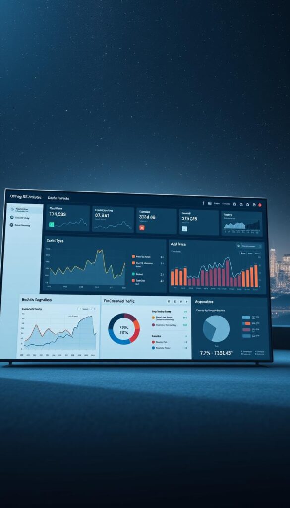 A high-tech dashboard with a sleek, modern interface displaying various off-page SEO analytics. In the foreground, a series of line graphs, pie charts, and interactive visualizations track key performance metrics like backlink profiles, social media engagement, and referral traffic. The middle ground features a central panel with customizable widgets, allowing the user to monitor campaign progress and identify optimization opportunities. In the background, a minimalist landscape with a starry night sky and glowing city skyline, conveying a sense of scale, connectivity, and the broader digital ecosystem. The lighting is soft and atmospheric, creating a professional yet captivating aesthetic, captured with a wide-angle lens to emphasize the comprehensive scope of the off-page SEO tracking tools.