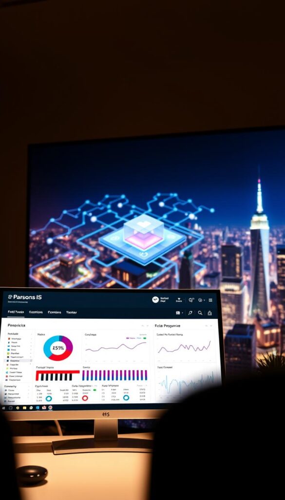 A meticulous website performance analysis unfolds on a sleek, modern computer display, showcasing the Parsons IS brand. In the foreground, a comprehensive dashboard presents key metrics, charts, and insights into loading times, server response, and user engagement. The middle ground features a three-dimensional visualization of network traffic and data flows, rendered in a vibrant color palette. In the background, a stylized cityscape represents the global reach and interconnectivity of the digital landscape. The scene is bathed in a warm, focused light, creating a sense of professionalism and expertise.