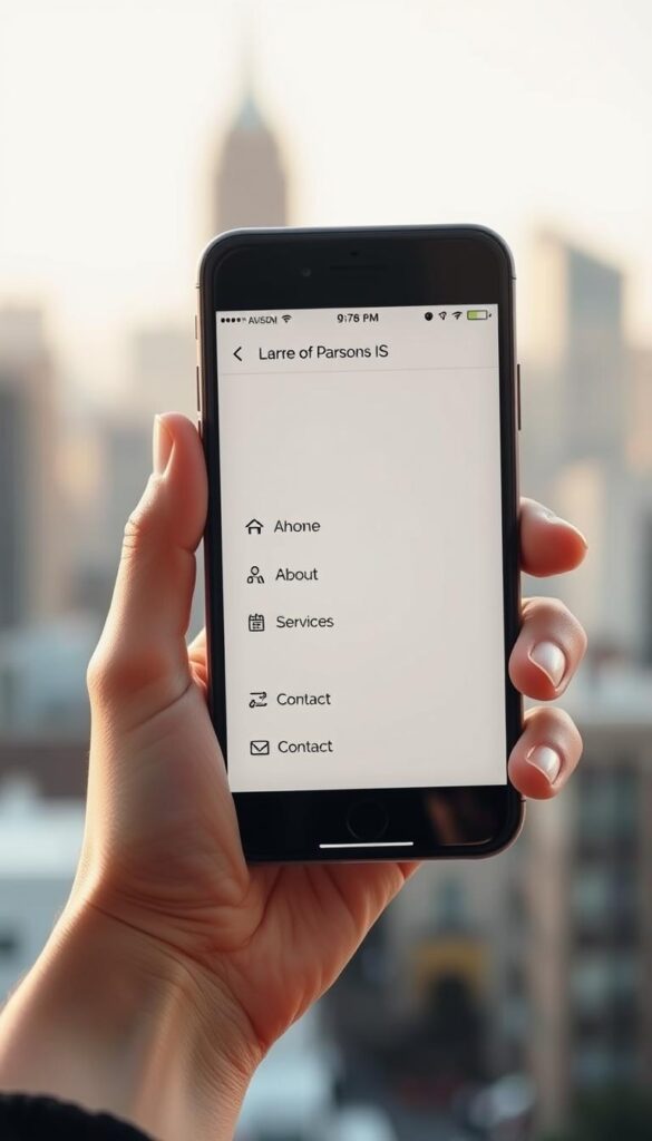A mobile navigation interface with a sleek and intuitive design. In the foreground, a hand holding a smartphone, the screen displaying a clean, minimalist navigation menu with clearly labeled icons and text. The background features a blurred city skyline, hinting at the device's mobility and on-the-go functionality. Soft, warm lighting creates a pleasant, inviting atmosphere. The navigation menu includes options such as "Home", "About", "Services", and "Contact", all optimized for easy thumb-based tapping. The Parsons IS brand logo is subtly integrated into the design.