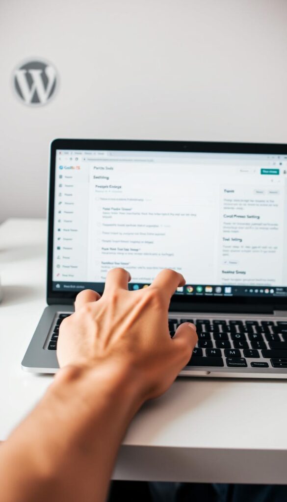 A modern, clean-looking WordPress blog setup guide with a minimalist design. Centered on a laptop display, showcasing the WordPress admin dashboard with various configuration options and settings. In the foreground, a hand hovers over the laptop trackpad, navigating through the interface. The background is a soft, blurred workspace with the Parsons IS logo subtly visible. The lighting is natural and diffused, creating a calm, focused atmosphere. The overall composition emphasizes the simplicity and user-friendliness of setting up a WordPress blog.