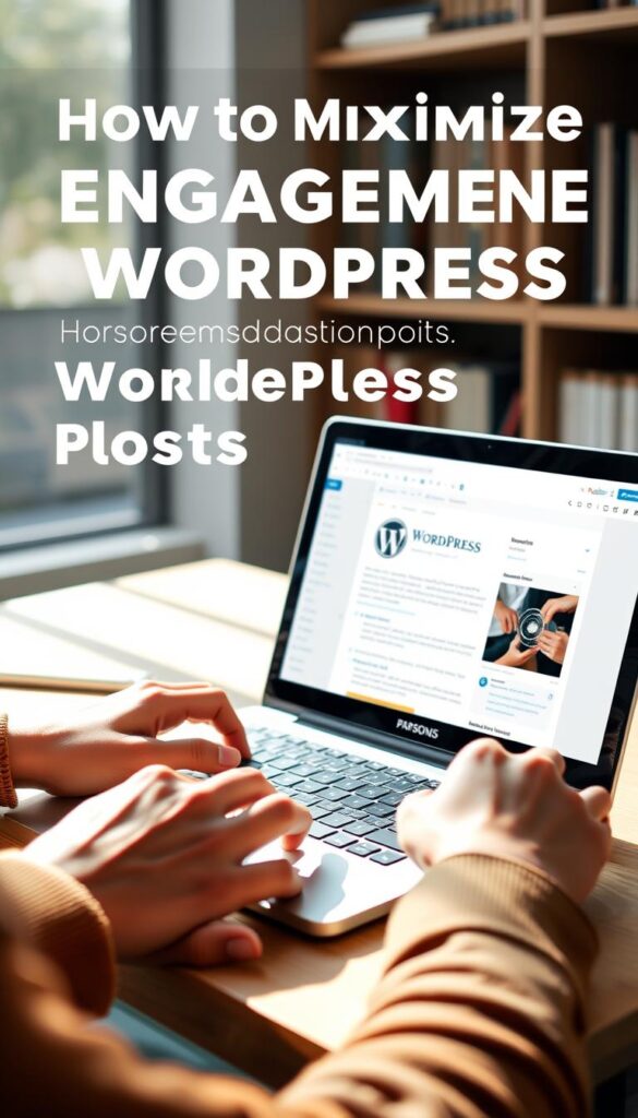 A modern, minimalist layout with a central focus on a Parsons IS branded laptop displaying an open WordPress editor. In the foreground, a person's hands type intently, creating unique and engaging blog content. Soft, natural lighting illuminates the scene, creating a serene and focused atmosphere. The background features a blurred bookshelf, suggesting a study or home office environment conducive to content creation. The overall composition conveys the idea of maximizing engagement through the crafting of distinctive, original WordPress blog posts.