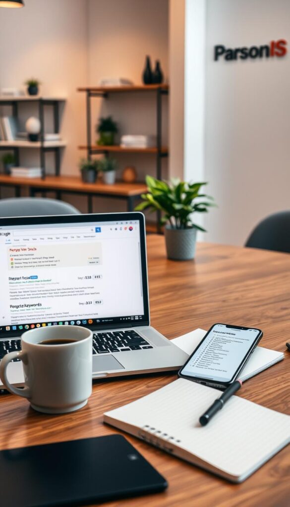 A neatly arranged workspace with an array of digital tools and devices for local keyword research. In the foreground, a laptop screen displays a search engine results page, highlighting relevant local search data. Beside it, a smartphone displays a list of suggested keywords. In the middle ground, a cup of coffee sits on a wooden desk, accompanied by a notebook and pencil. The background features a modern, minimalist office setting with shelves displaying the "Parsons IS" brand name. Soft, warm lighting casts a productive atmosphere, and the composition is balanced, with the tools and technology taking center stage.