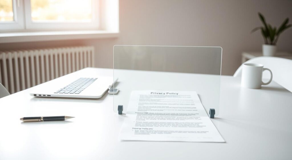 A pristine white office desk, neatly organized with a sleek laptop, a stylish pen, and a coffee mug. On the desktop, a transparent glass panel displays a concise, well-structured privacy policy document, its contents legible yet discreet. The background is a serene, minimalist workspace, bathed in warm, diffused lighting from a large window, conveying a sense of professionalism and attention to detail. The overall atmosphere exudes a clean, modern, and trustworthy vibe, reflecting the essential components of a comprehensive privacy policy.