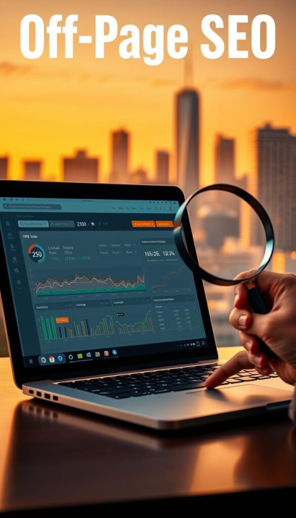 A professional-looking, high-resolution image showcasing an off-page SEO strategy. In the foreground, a laptop displaying a detailed digital marketing dashboard, highlighting key off-page metrics like backlinks, social shares, and referral traffic. In the middle ground, a hand holding a magnifying glass, meticulously analyzing the data. In the background, a cityscape with skyscrapers, symbolizing the importance of off-page SEO in the broader digital landscape. The scene is illuminated by warm, directional lighting, creating a sense of focus and intensity. The overall mood is one of strategic analysis and the pursuit of higher rankings through off-page optimization.