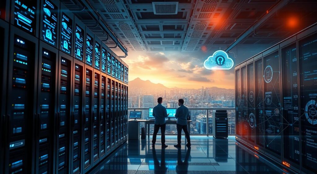 A secure cloud storage system with layered encryption protocols. In the foreground, a futuristic data center with sleek servers and glowing blue status lights. Towering holographic displays showcase intricate encryption algorithms and key management processes. In the middle ground, a team of cybersecurity experts monitor dashboards, analyzing threat patterns and applying real-time updates. The background features a vast, ethereal datacenter landscape, with seamless connectivity between remote sites secured by advanced VPN tunnels and redundant fiber optic links. Warm lighting casts an aura of confidence and reliability, while subtle lens flares evoke a sense of technological sophistication. The overall scene conveys the robust, multilayered approach to safeguarding sensitive data in the cloud.