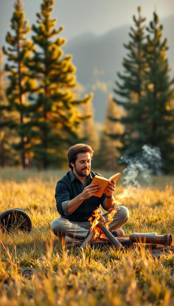 A serene meadow, bathed in warm golden light, serves as the backdrop for a passionate storyteller. In the foreground, a person sits cross-legged, animatedly weaving a tale with their hands, their face alive with expression. The middle ground features a cozy campfire, its flickering flames casting a soft, inviting glow. Surrounding the scene, towering pines sway gently in a light breeze, creating a sense of timelessness and connection to nature. The atmosphere is one of tranquility and enchantment, inviting the viewer to immerse themselves in the captivating story unfolding before them.
