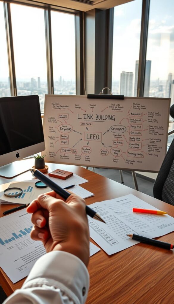 A serene, professional office setting with a modern desk and computer setup. In the foreground, a hand holds a pen, with various documents and SEO-related objects like a magnifying glass, highlighter, and web analytics charts on the desk. The middle ground features a whiteboard with a colorful mind map of link building strategies, including keywords, backlink sources, and optimization techniques. The background showcases a large window overlooking a cityscape, bathed in warm, natural lighting. The overall atmosphere conveys a sense of focus, organization, and strategic planning for effective SEO link building.