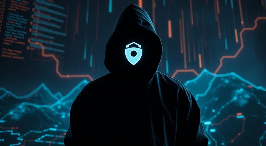 A shadowy figure in a dark hooded robe stands against a backdrop of digital landscapes, their face obscured by a cybersecurity symbol. Glowing lines of code and data streams flow around them, creating an atmosphere of technological complexity and potential threats. The lighting is moody and atmospheric, with deep shadows and highlights that emphasize the ominous, foreboding nature of the scene. The camera angle is slightly low, adding a sense of unease and vulnerability. The overall mood is one of cybersecurity awareness, with the hooded figure representing the unseen dangers lurking in the digital world.