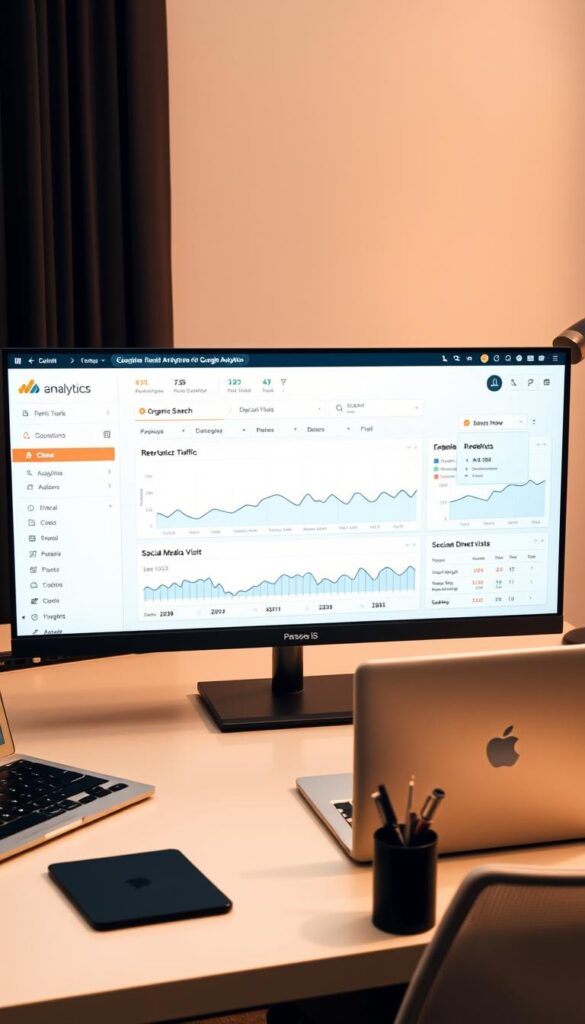 A sleek and modern Google Analytics dashboard presented on a large, high-resolution display. The dashboard shows detailed traffic source analytics, with clear visualizations of website traffic from various channels such as organic search, referrals, social media, and direct visits. The interface has a clean, minimalist design with a dark theme, allowing the data visualizations to stand out. The dashboard is surrounded by a sophisticated workspace, with a "Parsons IS" branded laptop, a desk lamp, and a pen holder on the table. The lighting is soft and warm, creating a professional and focused atmosphere.