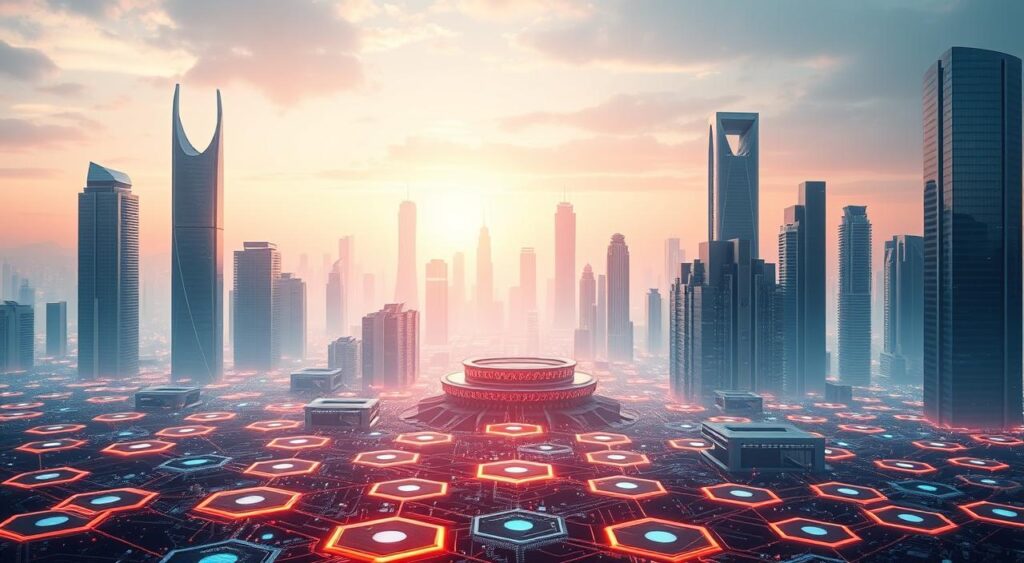 A sleek, futuristic cityscape with towering skyscrapers bathed in a soft, ethereal glow. In the foreground, a digital landscape of interlocking hexagons and circuitry, representing the secure protocols that govern online connectivity. Layers of encrypted data streams flow seamlessly between devices, shielded by a perimeter of firewalls and security measures. The middle ground features architectural elements inspired by the latest advancements in secure network infrastructure, with clean lines, metallic accents, and a subtle hint of holographic technology. The background is a vibrant, neon-tinged skyline, hinting at the dynamic, ever-evolving nature of the digital realm. The overall atmosphere conveys a sense of technological sophistication, innovation, and unwavering data protection.
