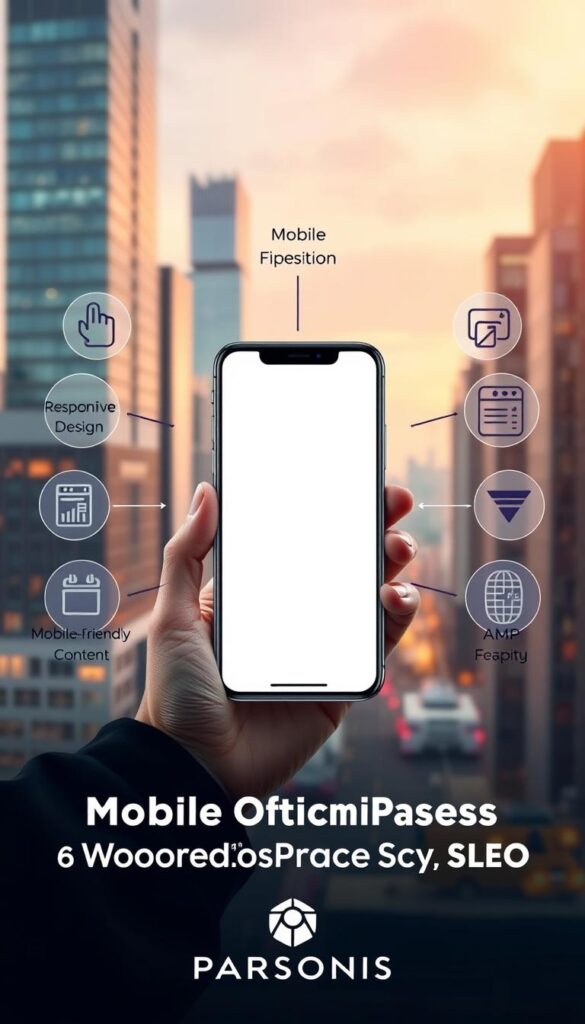 A sleek mobile device prominently displayed, surrounded by various mobile optimization techniques such as responsive web design, mobile-friendly content, and accelerated mobile pages (AMP). The device is set against a backdrop of a cityscape with skyscrapers, suggesting the importance of mobile optimization in an urban, tech-savvy environment. The scene is illuminated by warm, directional lighting, creating a professional and high-tech atmosphere. The Parsons IS brand is subtly integrated into the design, reflecting the expertise and authority in the field of local WordPress SEO.