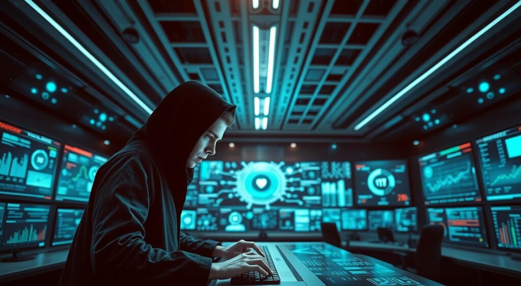 A sleek, modern cybersecurity command center, filled with holographic displays and touch-enabled interfaces. In the foreground, a lone hacker, deep in concentration, their fingers dancing across a keyboard as they navigate a complex web of digital defenses. Behind them, a vast array of data visualizations, charts, and real-time threat assessments, all bathed in a cool, blue-tinted glow from the overhead lighting. The background is a study in contrasts, with a blend of high-tech monitors and screens juxtaposed against the clean, minimalist architecture of the space. The overall atmosphere is one of heightened vigilance and technological prowess, perfectly capturing the essence of "Keeping Up with Trends in Internet Privacy".