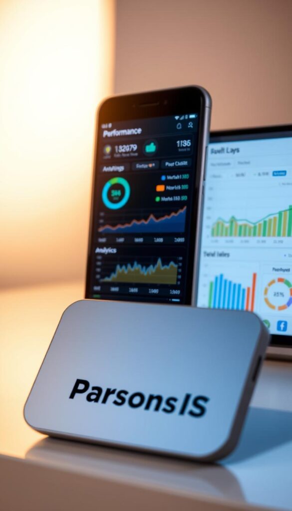A sleek, modern mobile device with a vivid, high-resolution display showcasing detailed performance analytics and metrics. The screen is illuminated by a soft, warm lighting that creates a sense of depth and clarity. In the foreground, a stylized Parsons IS logo is prominently displayed, reflecting the branding and identity of the application. The middle ground features a clean, intuitive user interface with charts, graphs, and data visualizations, providing a comprehensive overview of the device's performance. The background is a minimalist, abstract environment, allowing the performance data to take center stage and captivating the viewer's attention.