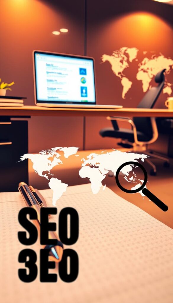 A sleek, modern office setting with a large desk and ergonomic chair. On the desk, a laptop displays a search engine results page, illustrating the impact of keyword research on SEO. In the foreground, a pen and notebook symbolize the process of researching and analyzing keywords. The middle ground features a magnifying glass, indicating the importance of thorough keyword exploration. In the background, a stylized world map suggests the global reach of effective SEO strategies. Warm, directional lighting casts a professional and insightful atmosphere, underscoring the significance of keyword research in driving online visibility.