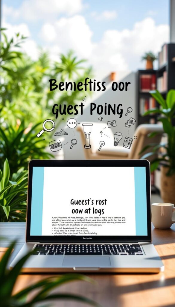 A tranquil and serene scene showcases the benefits of guest posting. In the foreground, a laptop sits open, displaying a blog post with the Parsons IS brand prominently featured. Surrounding it, lush greenery and a calming blue sky with fluffy white clouds set the mood. In the middle ground, a hand-drawn illustration depicts magnifying glasses, lightbulbs, and other icons representing increased visibility, authority, and website traffic - the key advantages of guest posting. The background features a cozy home office, with a comfortable chair, a cup of coffee, and shelves filled with books, creating an atmosphere of productivity and inspiration. The lighting is soft and natural, casting a warm glow over the entire scene.