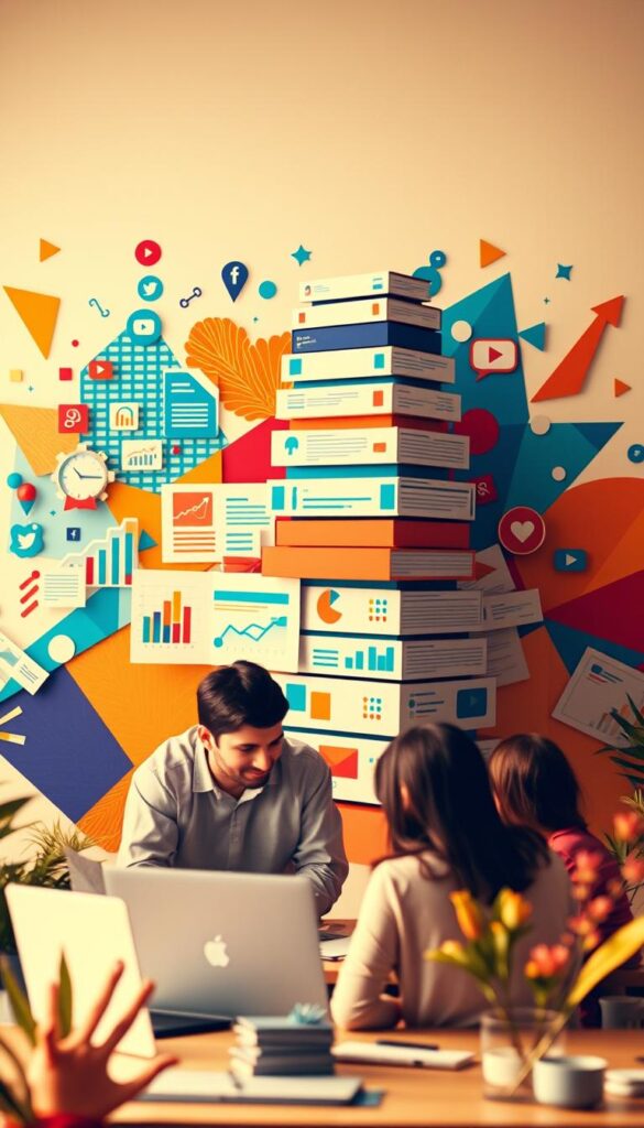 A vibrant and engaging content marketing scene. In the foreground, a group of digital marketers collaborate on a laptop, surrounded by a collage of social media icons, reports, and analytics dashboards. The middle ground features a towering stack of content pillars - blog posts, videos, infographics - against a backdrop of colorful geometric patterns and abstract shapes. Warm, diffused lighting casts a creative glow over the scene, conveying a sense of productivity, innovation, and the power of content to drive engagement and visibility. The overall composition evokes the dynamism, strategy, and data-driven nature of effective content marketing.