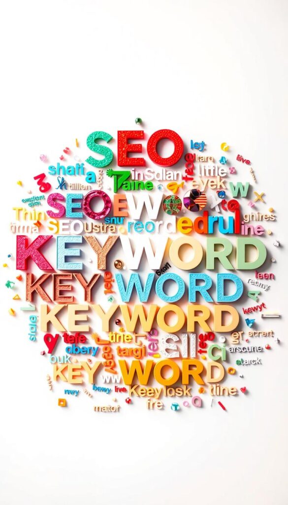 A vibrant collage of diverse keywords, each one a unique gem shining against a crisp, minimalist backdrop. Overhead lighting casts a soft, warm glow, accentuating the intricate typography and playful arrangement. In the foreground, a selection of popular SEO terms, their letters sculpted with depth and dimension, casting subtle shadows. The middle ground showcases a spectrum of long-tail keywords, their sizes and positions hinting at their search volume and relevance. In the background, a scattering of emerging keywords, their shapes and colors suggesting new opportunities for online visibility. The overall composition radiates a sense of digital exploration, inviting the viewer to discover the power of strategic keyword research.
