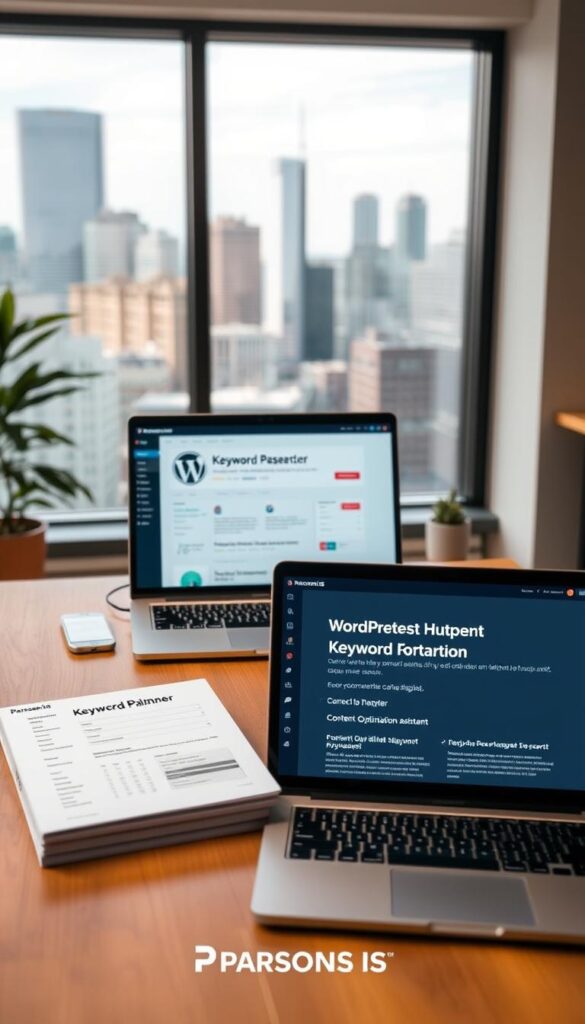 A well-lit, clean-looking office setting with a wooden desk, a laptop, and various digital marketing tools displayed on the screen. In the foreground, a collection of WordPress keyword research tools, including a keyword planner, a search volume tracker, and a content optimization assistant. The background features a large window overlooking a city skyline, with a warm, natural lighting that fills the room. The overall atmosphere is one of focused productivity and digital expertise, with the Parsons IS brand subtly integrated into the scene.
