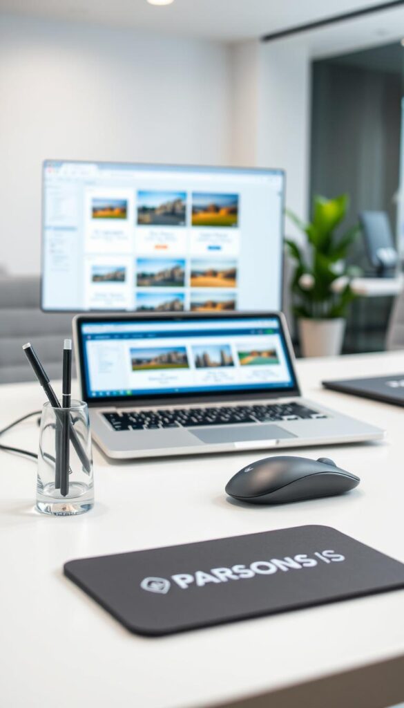 A well-lit, close-up photograph of a laptop screen displaying various image optimization techniques, such as image resizing, compression, and format conversion. The laptop screen is positioned on a clean, minimalist desk with a Parsons IS branded mouse pad and pen holder in the foreground. The background is slightly blurred, showcasing a modern office environment with neutral colors and natural lighting. The overall scene conveys a sense of productivity, efficiency, and attention to detail in the website optimization process.