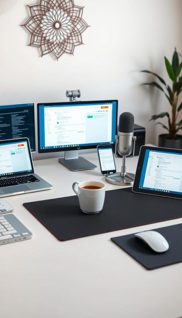 A well-lit, pristine desk showcasing an array of digital tools and devices. In the foreground, a laptop, tablet, and smartphone are arranged neatly, their screens displaying various keyword research interfaces. In the middle ground, a high-quality microphone, a cup of coffee, and a sleek, modern mouse pad create a professional, productive atmosphere. The background features a minimalist, light-colored wall, complemented by a tasteful geometric wall hanging, exuding a sense of focus and clarity. The overall scene conveys the idea of a comprehensive, technology-driven approach to keyword research, essential for mastering SEO strategy.