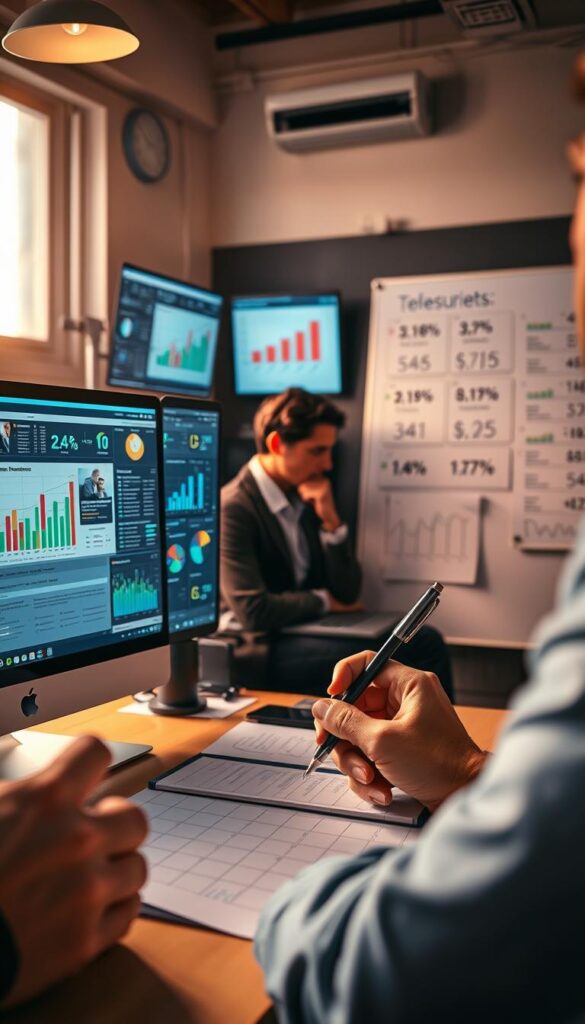 A well-lit workspace with a desktop computer, multiple monitors, and an array of analytics dashboards and data visualizations displayed. In the foreground, a hand holds a pen, poised to take notes. The middle ground features a strategist studying the data, deep in thought. The background showcases a whiteboard covered in content marketing campaign metrics, metrics, and Key Performance Indicators. The lighting is warm and inviting, conveying a sense of focus and productivity. The overall mood is one of analytical rigor and data-driven decision making, reflecting the subject of "Measuring Success in Content Marketing".