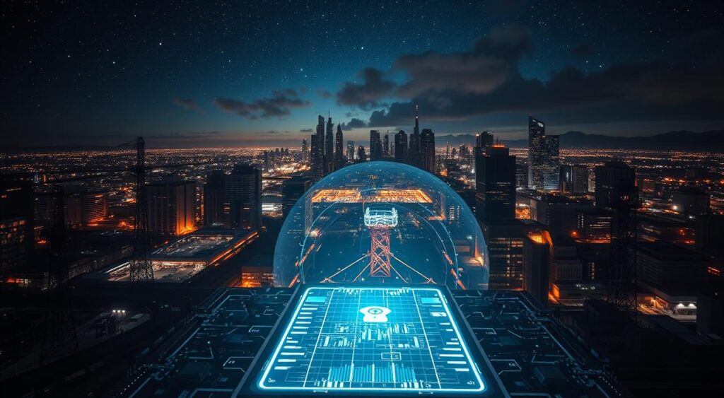 An industrial cityscape at night, lit by a futuristic cybersecurity interface. In the foreground, a central holographic control panel with a glowing digital grid and abstract data visualizations. Surrounding it, sleek silhouettes of network towers and satellite dishes, casting long shadows. In the middle ground, a panoramic view of skyscrapers and infrastructure, their windows glowing with digital activity. The background is a starry sky, with swirling clouds of digital information. The overall atmosphere is one of technological sophistication, data security, and the dynamic future of online communication.