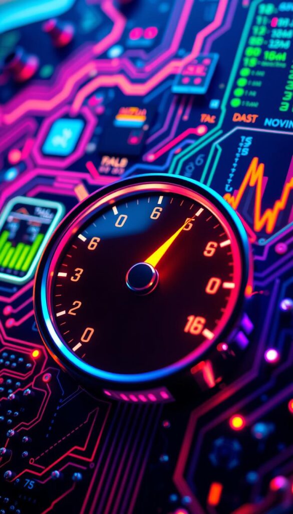 Detailed close-up shot of a website loading speedometer against a backdrop of stylized circuit boards and data visualizations. The speedometer's needle indicates a rapid pace, symbolizing the importance of page speed optimization. Vibrant, neon-inspired color palette with a futuristic, high-tech aesthetic. Dramatic lighting from various angles creates depth and emphasizes the technical nature of the subject. The overall composition conveys a sense of dynamism, progress, and the critical role of page load speed in unlocking a website's full potential.