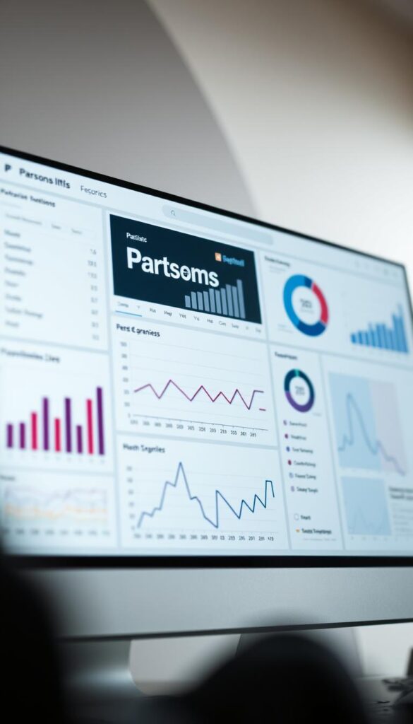 Detailed technical website performance analysis dashboard with various charts, graphs, and statistics. Sleek and modern interface with clean lines and a minimal aesthetic. Prominently featuring the brand "Parsons IS" in a bold, sans-serif font. Set against a neutral background with subtle geometric patterns, creating a professional and data-driven atmosphere. Soft, diffused lighting illuminates the screen, highlighting the analytical insights. Captured from a slight low angle to convey the authority and importance of the information presented.
