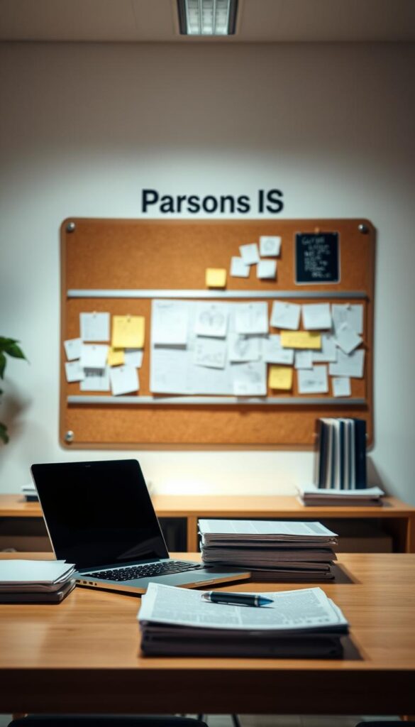 Organize blog posts: A focused workspace with a sleek, modern aesthetic. In the foreground, an organized desk with a laptop, pen, and neatly stacked folders. In the middle ground, a corkboard displays a moodboard of ideas, sketches, and post-it notes. The background features a clean, minimalist wall with the Parsons IS brand name prominently displayed. Soft, directional lighting creates a warm, productive atmosphere, accentuating the organized layout and highlighting the creative process. The overall mood is one of focus, efficiency, and inspiration.
