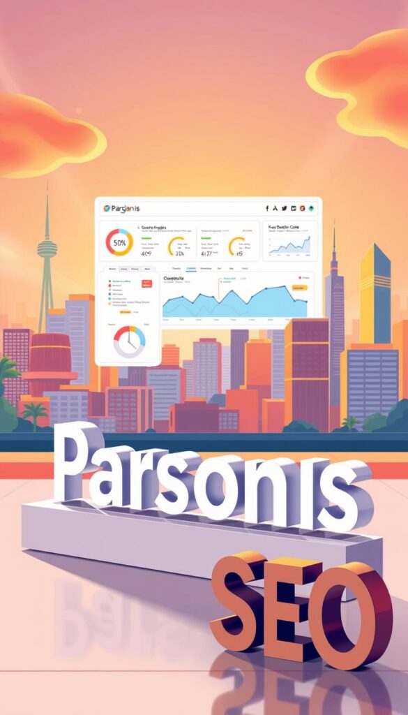 Prompt A dynamic and vibrant illustration showcasing the core elements of SEO strategies. In the foreground, the brand name "Parsons IS" stands prominently, with a modern, minimalist design. The midground features a search engine optimization dashboard, complete with key performance metrics, analytics, and optimization tools. In the background, a stylized cityscape represents the global reach and visibility of effective SEO tactics. The scene is illuminated by warm, directional lighting, creating depth and emphasizing the importance of these strategies. The overall composition conveys a sense of order, efficiency, and the power of data-driven decision-making in unlocking online success.