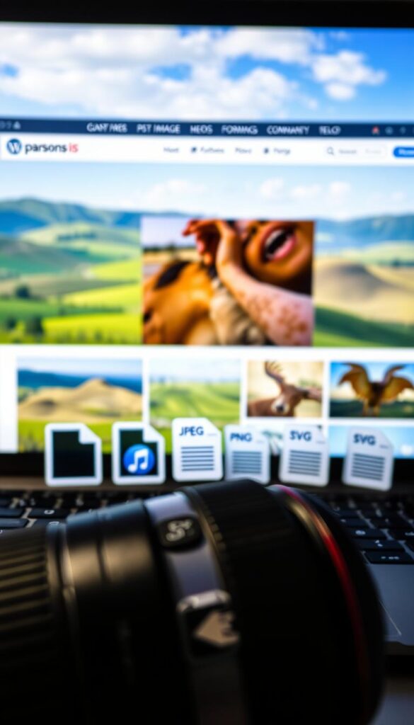 Prompt A well-lit WordPress website dashboard, prominently displaying the "Parsons IS" brand name. In the foreground, a detailed model of a camera lens, symbolizing image optimization. The middle ground showcases various image file formats, such as JPEG, PNG, and SVG, subtly emphasizing the importance of choosing the right format. The background features a serene countryside landscape, with rolling hills and a clear blue sky, conveying a sense of tranquility and balance. The overall scene exudes a professional, tech-savvy atmosphere, highlighting the significance of effective image optimization for WordPress SEO.
