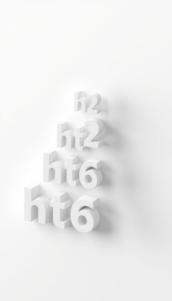 a detailed 3D illustration of a headings hierarchy, depicting various sized and styled HTML header tags (h1, h2, h3, h4, h5, h6) arranged in a clear pyramid structure, with the largest h1 at the top and progressively smaller headers below, on a simple white background, with soft shadows and subtle ambient lighting to create depth and dimension, showcasing the visual hierarchy of content organization