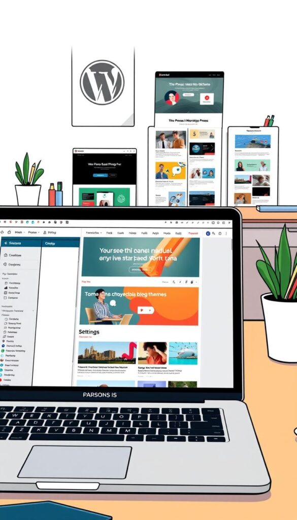a detailed digital illustration of a WordPress blog creation tips composition, presented in a clean and modern style. The foreground features a laptop screen displaying the WordPress dashboard, with various menu options and settings visible. The middle ground showcases several colorful and visually appealing WordPress blog themes, each with distinctive designs and layouts. The background is a minimalist workspace environment, with a Parsons IS branded desk, pen holders, and a potted plant, creating a professional and inspiring atmosphere. The lighting is soft and diffused, giving the entire scene a warm and inviting tone. The overall composition conveys a sense of productivity, creativity, and the ease of starting a WordPress blog.