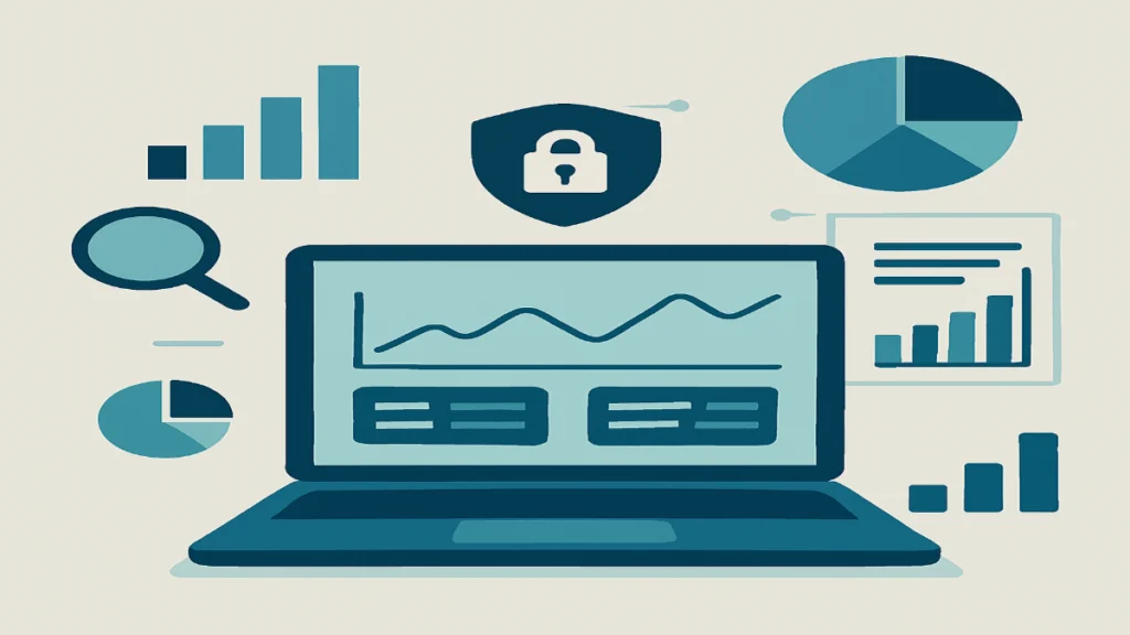 A flat-style digital illustration of a laptop displaying a privacy-focused analytics dashboard, surrounded by minimalist charts and graphs in blue and teal tones, symbolizing data independence.