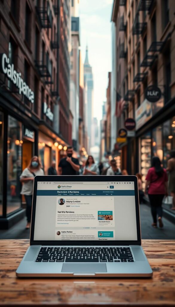 A bustling city street, with local businesses lining the sidewalks. In the foreground, a laptop screen displays a review website, the focus of the image. The screen is illuminated by a warm, natural light, casting a soft glow over the scene. In the middle ground, people walk by, their attention divided between their smartphones and the storefronts. The background is a blend of modern architecture and historic buildings, creating a vibrant, urban atmosphere. The overall mood is one of active engagement, highlighting the importance of online reviews in driving local SEO optimization and business success.