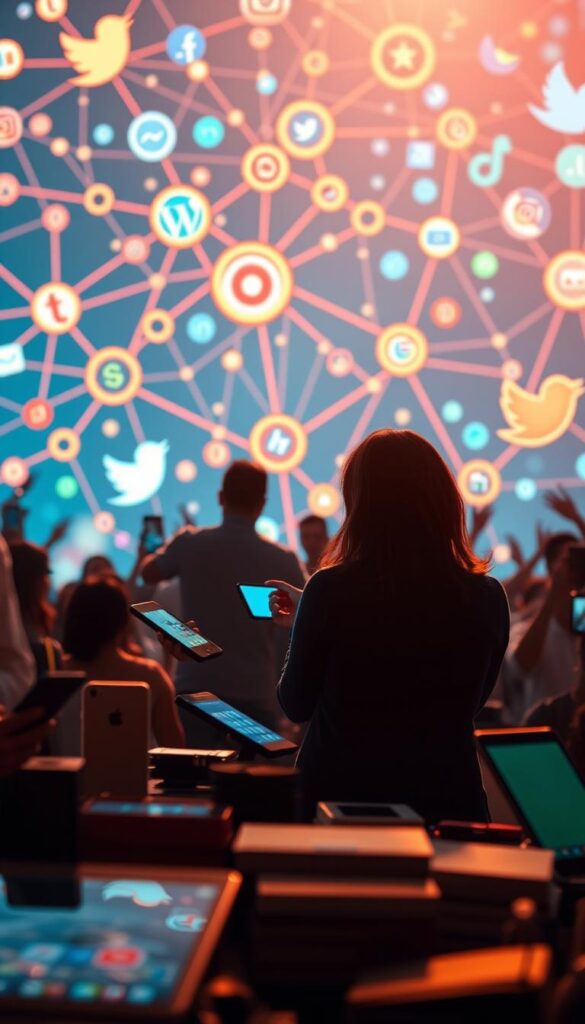A bustling social media landscape, with various platforms and devices in the foreground. In the middle ground, a person intently scrolling and interacting, carefully crafting posts and connections. The background features a stylized web of links, relationships, and organic growth, symbolizing the power of social media in building meaningful online connections and elevating a website's visibility. The scene is bathed in a warm, inviting glow, conveying the collaborative and dynamic nature of social media-driven link building.