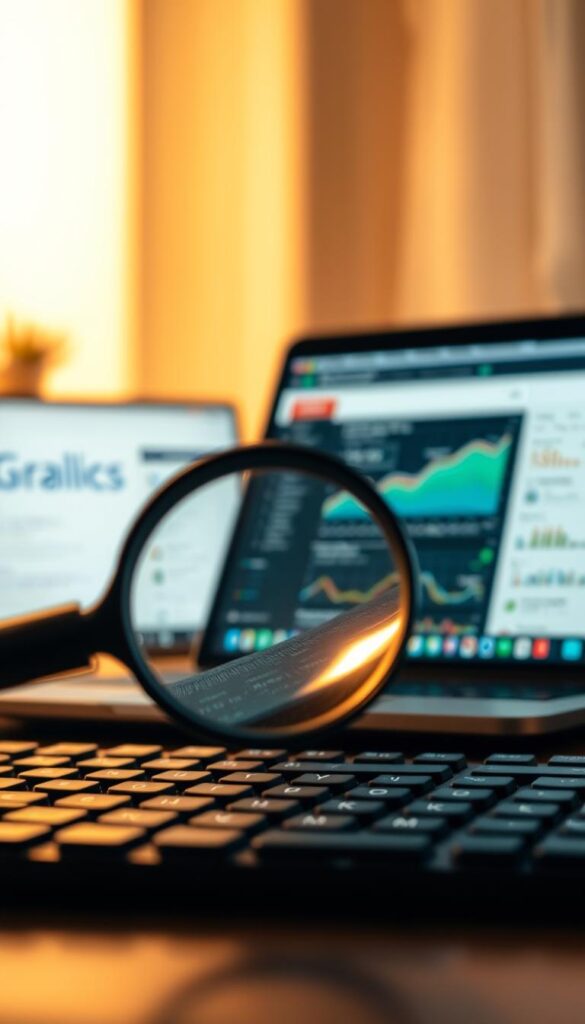 A captivating visual representation of the art of keyword research. In the foreground, a magnifying glass hovers over a keyboard, highlighting the intricate process of identifying the most impactful search terms. The middle ground features a laptop screen displaying a web analytics dashboard, showcasing insightful data and metrics. The background is a softly blurred landscape of search engine results pages, conveying the broader context of online visibility and ranking. Warm lighting casts a serene, contemplative atmosphere, inviting the viewer to explore the nuances of this essential digital marketing practice. Captured with a shallow depth of field, the image emphasizes the focal points and the thoughtful, strategic nature of keyword research.